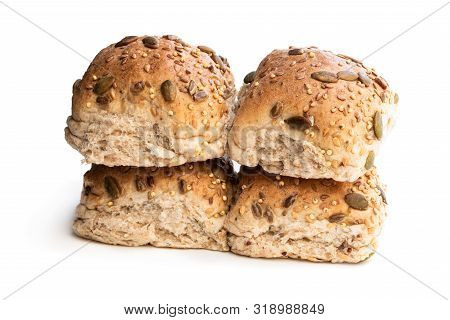 Wholemeal  Multiseeds Batch Rolls Isolated On White Batch Of Four