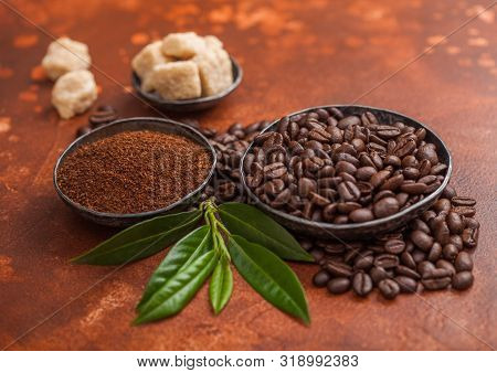 Fresh Raw Organic Coffee Beans With Ground Powder And Cane Sugar Cubes With Coffee Trea Leaf On Brow