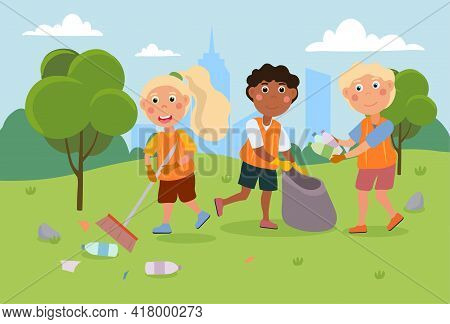 Little Kids Are Cleaning Up Park From Litter Together. Little Smiling Children Spending Time In The 