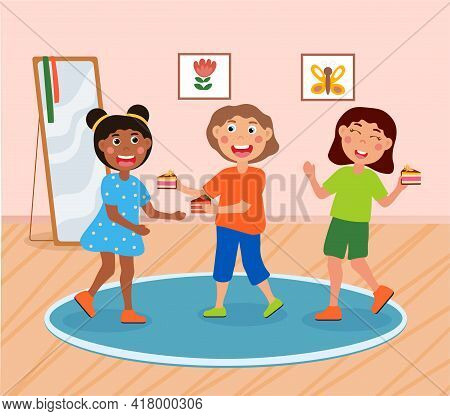 Group Of Happy Kids Is Eating Tasty Cake Together. Smiling Cute Little Children Are Enjoing Time Spe