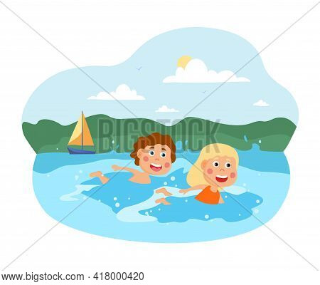 Two Happy Little Kids Are Swimming In The Sea. Two Children Enjoing Vacation Swimming Together On A 