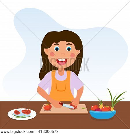 Cute Happy Little Kid Is Cooking Vegetables. Smiling Little Girl Is Enjoing Cooking At Home To Help 