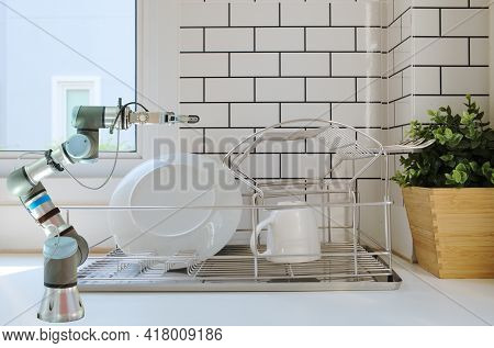 Modern Home Installed Robot Arm Gripping For Assist Resident To Work On Kitchen Room, Automation Rob