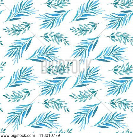 Watercolor Pattern With Blue Leaves. Abstract Botanical Pattern With Leaves. Bright Blue Twigs. Deci