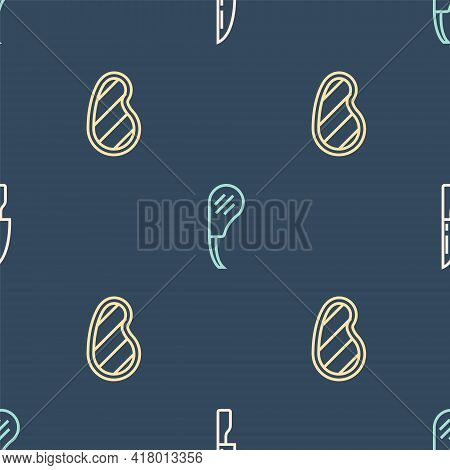 Set Line Barbecue Knife, Steak Meat And Rib Eye Steak On Seamless Pattern. Vector