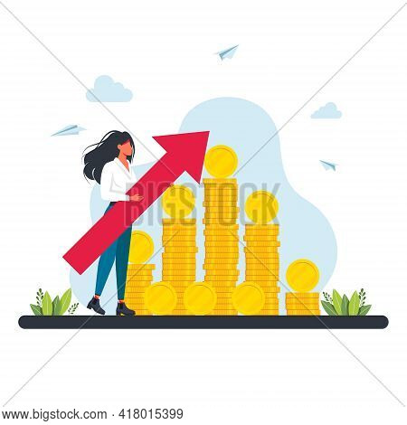 Woman Near Stacks Of Gold Coins With A Large Arrow Pointing Up. People Collecting And Saving Money C