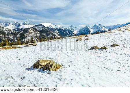 Mountain Glade In Winter Scenery.    Picnic Tables With Banches   Inn White Winter  Landscape Of  Hi