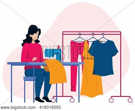 Young Woman Making Clothes On Her Sewing Machine.