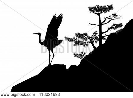 Japanese Crane Bird Standing On Pine Tree Covered Rock Cliff - Black And White Asian Landscape Vecto