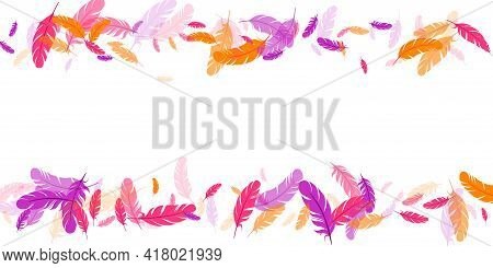 Pink Violet Orange Feather Floating Vector Background. Flying Bird Plumage Pattern. Flamingo Plumage