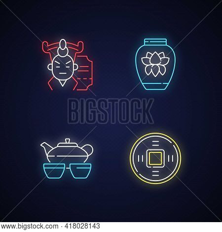 Asia Neon Light Icons Set. Ancient Chinese Coin. Tea Set For Ceremony. Cantonese Opera. Traditional 