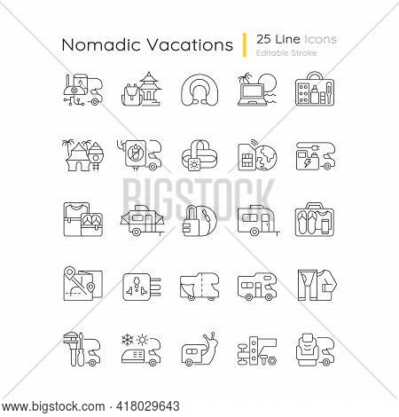 Nomadic Vacations Linear Icons Set. Roadtrip Trailer. Rv Vehicle. Van For Tourist Lifestyle. Customi