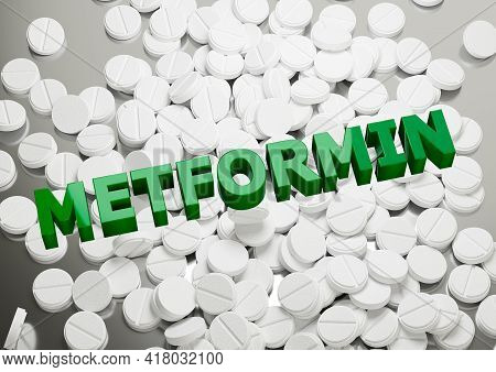Lettering On Pile Metformin Pills Background. Medicine Indicated For The Treatment Of Diabetes. 3d I