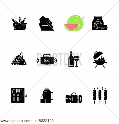 Picnic Black Glyph Icons Set On White Space. Heaving Picnic Hamper. Ham And Cheese Sandwich. Waterme