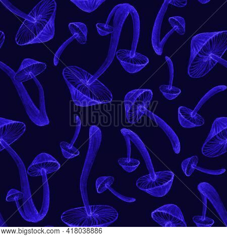 Blue Toadstool Psychedelic Seamless Pattern On Dark Background. Grunge Hippie Mushroom Dark Illustra