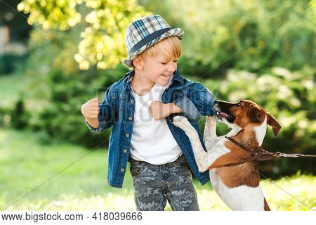 Little Puppy Jack Russel Terrier Bites His Owner During Walk. Boy And Dog Best Friends. Child With D