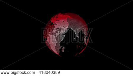 Red Earth View From Outer Space. Big Data 3d Earth. Binary Code Surrounding Globe Rotating. Retro Di
