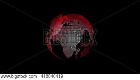 Red Earth View From Outer Space. Big Data 3d Earth. Binary Code Surrounding Globe Rotating. Retro Di