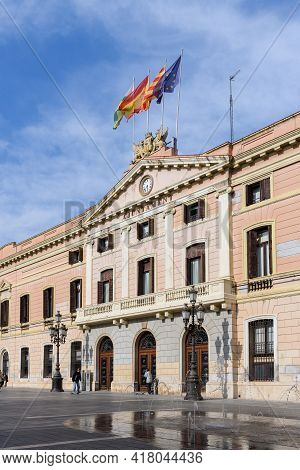 Sabadell - Catalonia, Spain - April 17th Of 2021: Main Facade And Entrance Of The City Hall Building