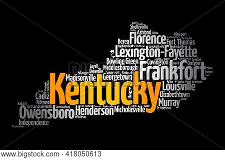 List Of Cities In Kentucky Usa State, Map Silhouette Word Cloud Map Concept Background