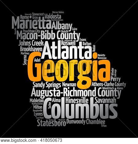 List Of Cities In Georgia Usa State, Map Silhouette Word Cloud Map Concept
