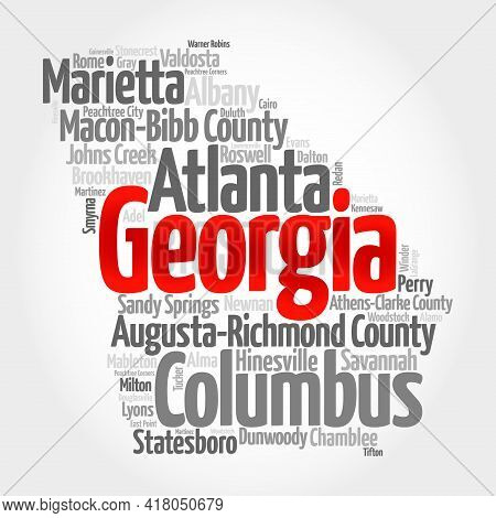 List Of Cities In Georgia Usa State, Map Silhouette Word Cloud Map Concept