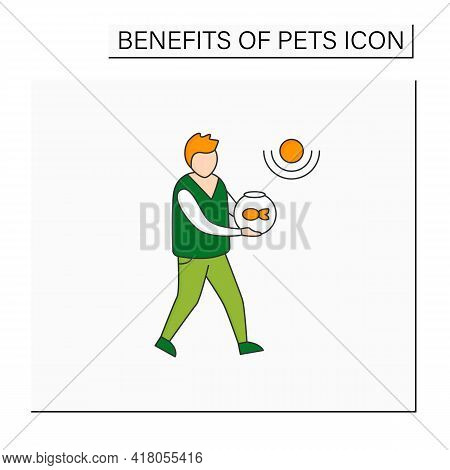 Pets Benefits Color Icon.man Have Fish In Aquarium. Reduce Stress Level. Companionship. Animal Carin