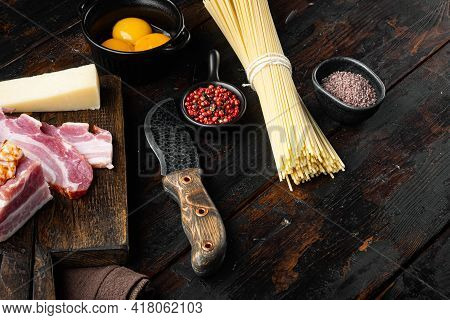 Traidtional Italian Pasta Carbonara Ingredients. Bacon, Spaghetti, Parmesan And Pecorino Cheese, Egg