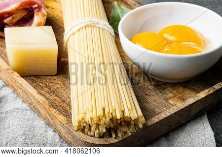 Traidtional Italian Pasta Carbonara Ingredients. Bacon, Spaghetti, Parmesan And Pecorino Cheese, Egg