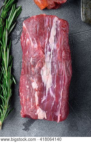 Raw Beef Filet Mignon Steak Cut Set, On Gray Stone Background, Top View Flat Lay