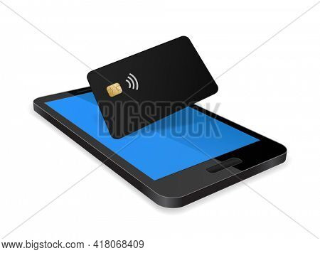 Credit card on smart phone 3d illustration icon. Debet business card with phone isolated on white icon.