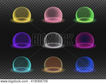 Force Field Set Isolated On Transparency Grid, Various Energy Or Defense Shields, Deflector Or Force