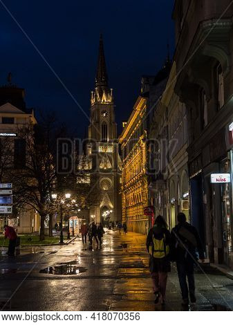 Novi Sad, Serbia - March 13, 2016: Selective Blur On People Walking By The Name Of Mary Church, Or N