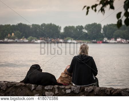 Belgrade, Serbia - July 26, 2020: Woman, Alone, Sitting Outside With Her Two Dogs, Laying Down Near 