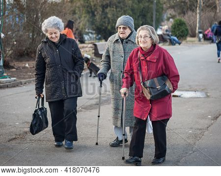 Belgrade, Serbia - January 27 2017: Group Of Old Women, Grandmothers, Serbs, Friends, Walking And Sm
