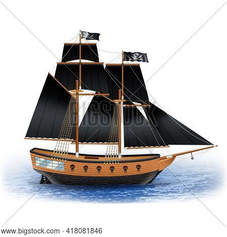 Wooden Pirate Ship With Black Sails And Jolly Roger Flag At Sea Realistic Vector Illustration