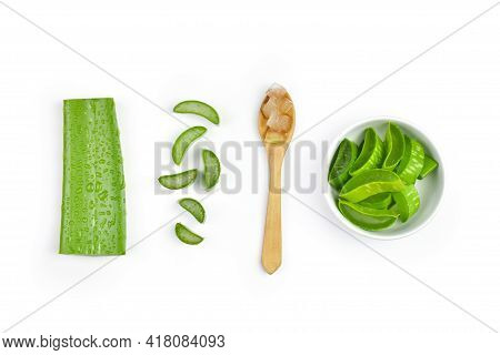 Flat Lay(top View) Of Fresh Aloe Vera Slice And Set Isolated On White Background. Health And Beauty 
