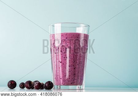 Homemade Blueberry Or Currant Smoothie With Cottage Cheese And Fruits. Concept Of Proper Nutrition A