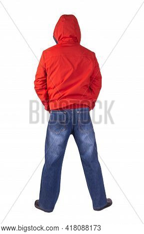 Dark Blue Jeans, Black Leather Shoes,red Jacket With A Hood Isolated On White Background. Casual Sty