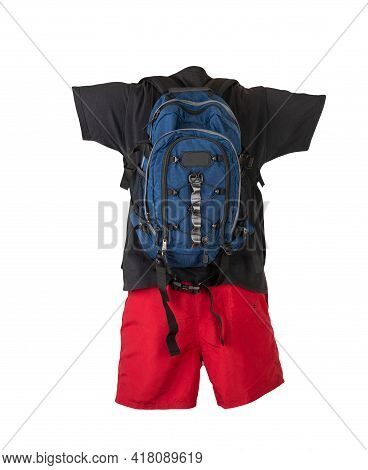 Deinim Bluebackpack,red Sports Shorts, Black T-shirt Isolated On White Foane. Clothes For Every Day