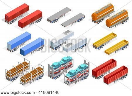 Trailers Isometric Set Of Different Construction For Transportation Various Kinds Of Cargo Isolated 