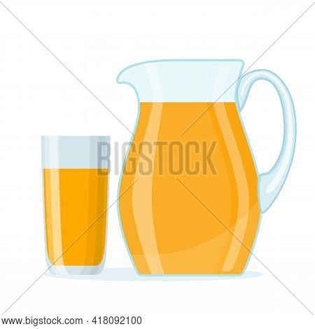 Tasty Orange Juice In Glass And Jug . Cartoon Jug Isolated On White Background. Organic Product In C