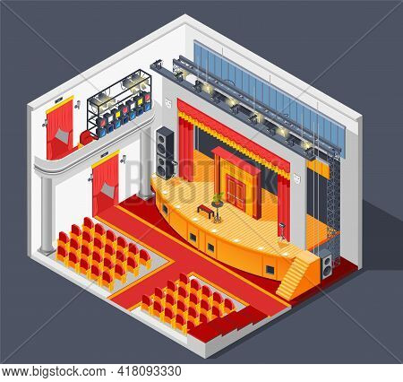 Theatre Interior Isometric Composition With Lights Stage And Scenery Vector Illustration