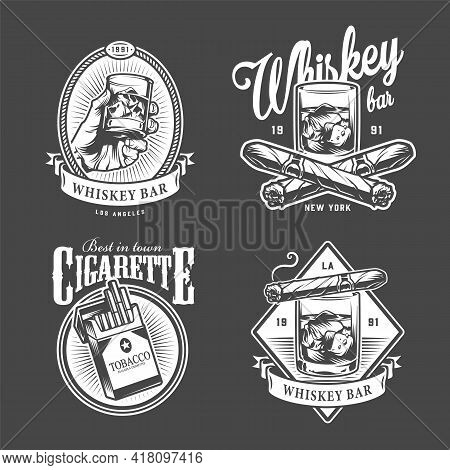 Vintage Men's Club Logotypes With Inscriptions Glasses Of Whisky Cigars Cigarette Pack In Monochrome