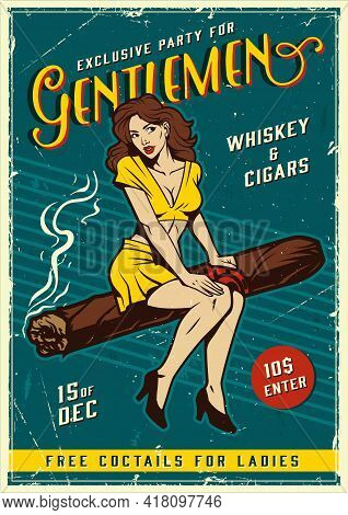Vintage Gentlemen Party Poster With Pretty Girl Sitting On Cuban Cigar Vector Illustration