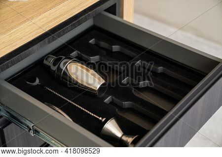 Bartender Tools In Wooden Boxes. Shaker And Tableware In The Drawer. Bartender Equipment.