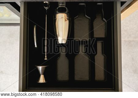 Bartender Tools In Wooden Boxes. Shaker And Tableware In The Drawer. Bartender Equipment.