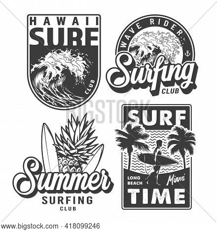 Vintage Monochrome Surfing Prints Set With Inscriptions Sea Waves Pineapple Palm Trees Surfer Holdin