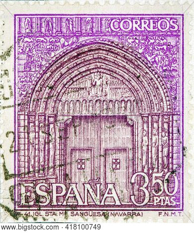 Spain, Circa 1968: A Stamp Printed In The Spain Shows Portal Of St. Mary's Church, Sanguesa, Navarre