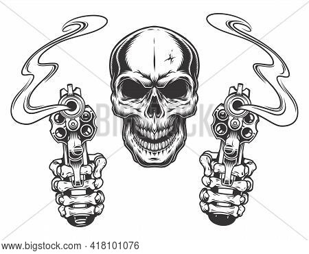 Skull Aiming With Two Revolvers. Vector Illustration